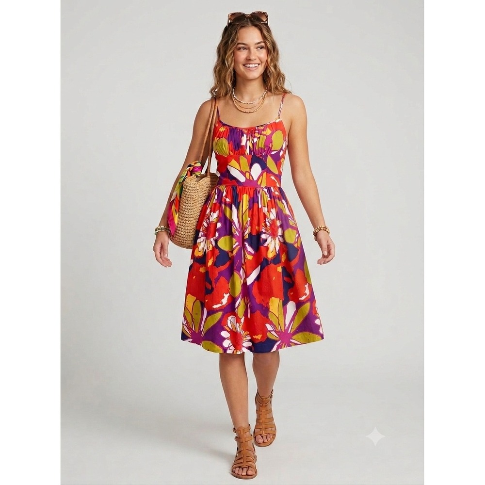 Trina Turk Fit and Flare Abstract Novelty Print Cotton Dress 60s‎ retro Size 4